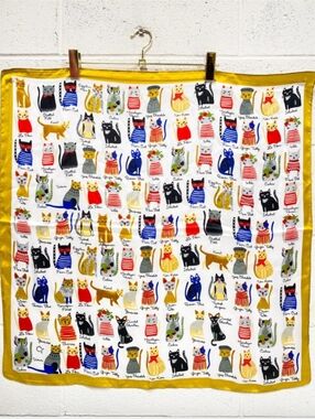 Cat Print Silk Scarf in White and Yellow